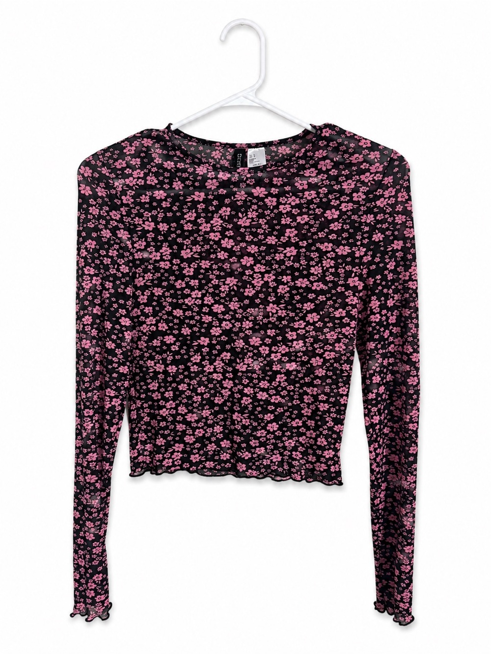 Black & Pink Floral Long-Sleeve Mesh Crop Top